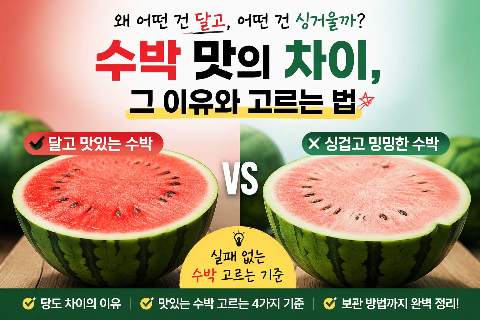 달고 맛있는 수박과 싱거운 수박의 차이를 보여주는 단면 비교 이미지
